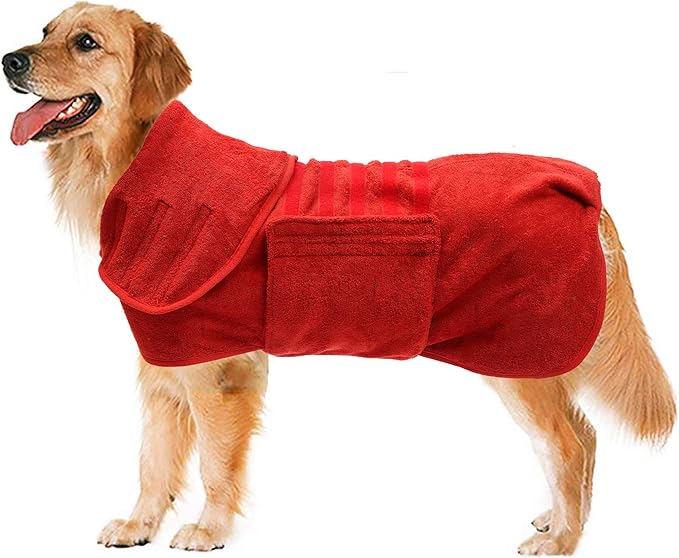Geyecete Dog Drying Coat - Fast Drying Dog & Cat Bath Robe Towel - Microfibre Super Absorbent - Luxuriously Soft - Red - XXL