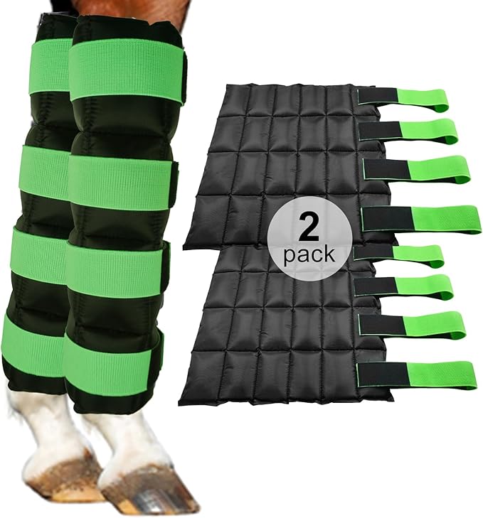 Horse Ice Pack, Ice Boots for Horse Injuries, Cooling Horse Leg Wraps for Hock, Ankle, Knee, Legs, Boots, and Hooves, Cold Compression for Horse Care, Hock Sprain, Set of 2, 16.9'' x 16.1'', Green