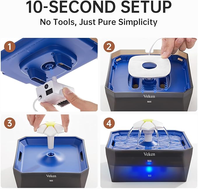 Veken Award-Winning Small Pet-Friendly Cat Water Fountain with Quiet Pump, Easy to Clean & Assemble, 50oz Mini Pet Water Dispenser Gifts for Cats, Dogs and Small Animals, Blue