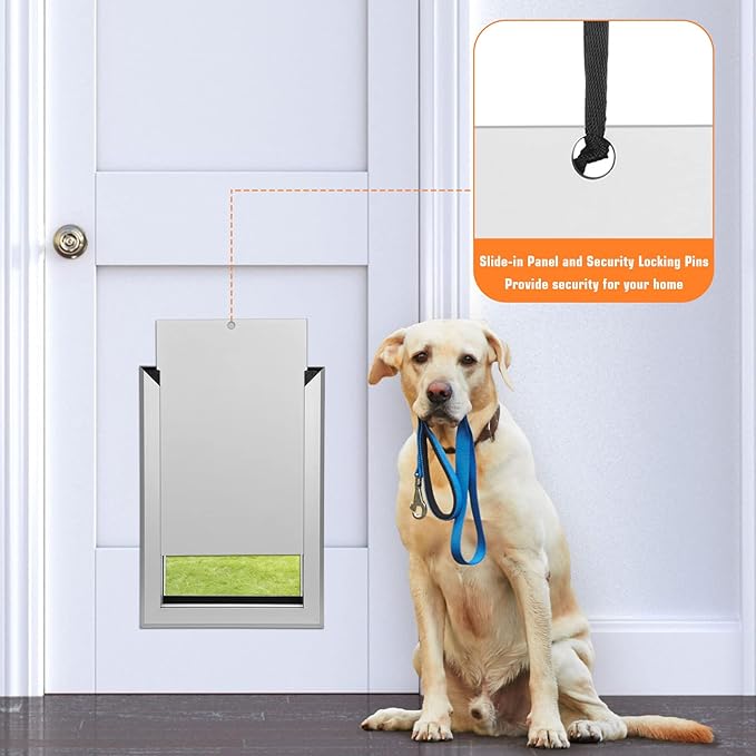 Ownpets Aluminum Extra Large Dog Door, Pet Door with Magnetic Flap and Lockable Sliding Panel, Heavy Duty Doggy Door for Dogs Up to 200lbs(Silver)