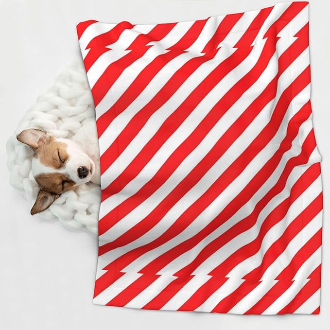 Two Sided Pet Cuddler Blanket for Anxiety Calming, Red White Stripes Christmas Candy Cane, Reversible Plush Design with Bubble Dot Pattern Provides Familiar Surface Anywhere
