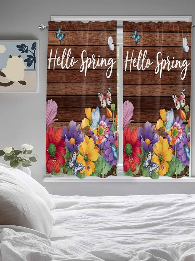 Spring Flowers Bedroom Curtains 63 Inches length, Watercolor Farmhouse Colorful