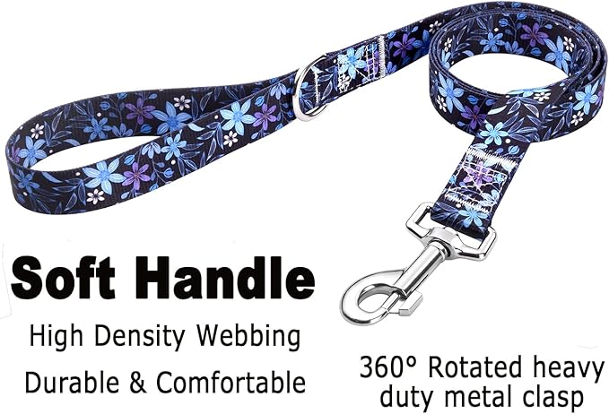Dog Collar and Leash Set with Bohemia Floral Tribal Geometric Patterns - Soft Ethnic Style Collar Adjustable for Small Medium Large Dogs(Blue Floral Set,S)