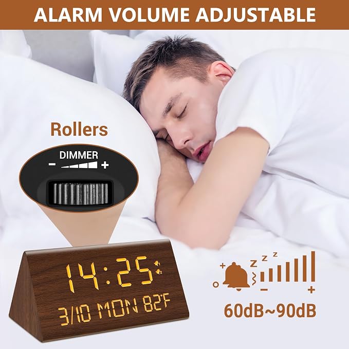 Kogonee Wooden Digital Alarm Clock, 0-100% Dimmer, 2 Alarm Settings,