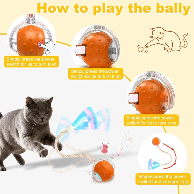Interactive Cat Toys Ball for Indoor Cats,Automatic Cat Toy with Elastic Mesh Tail,Rechargeable Rolling Kitten Toy,Cat Enrichment Toys for Indoor Cats (RedYellow1, Cat Toy Ball)
