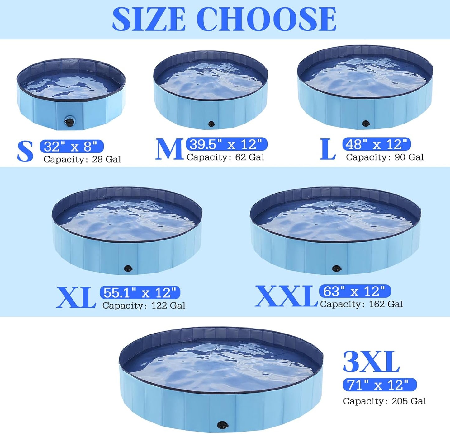 Foldable Dog Bath Swimming Pool Plastic Kiddie Pool Professional Tub Collapsible Grooming Bathtub for Pets Kids Baby and Toddler, 71 x 12 Inches Blue
