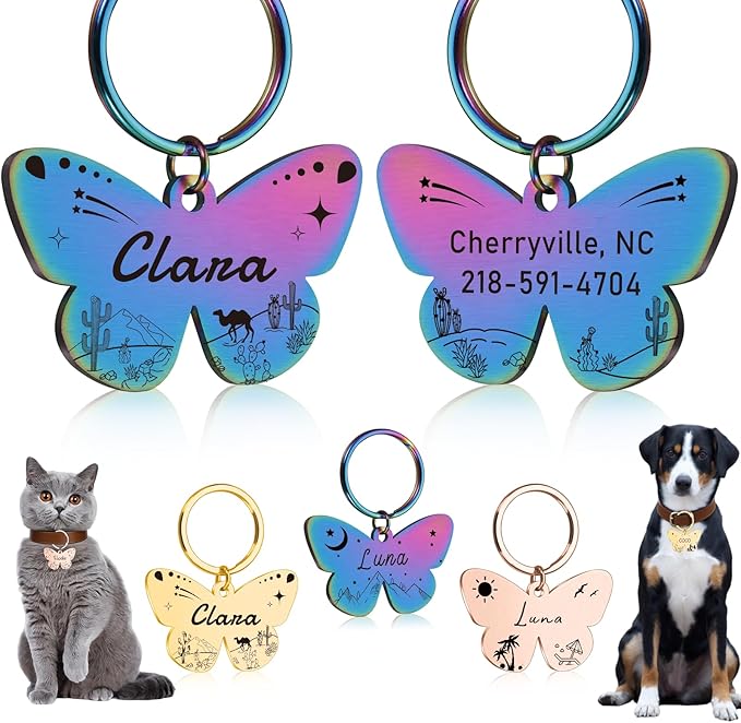 Custom Butterfly Dog Tag - Engraved Personalized Pet ID Tag for Dogs & Cats, Customizable Name, Text, 6 Colors & 3 Sizes, Durable & Cute Pet Collar Charm for Dog Lovers, Pet Mom Dad