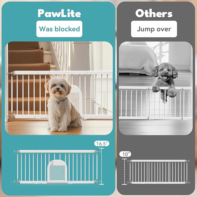 No Pawblems Dog Gate with Small Pet Door, 16"-42.7" Adjustable Metal Short Dog Gate to Step Over, 16.5" Tall Small Pet Gate with 3 Extension Kits, Pressure Mounted Gate for Doorways & Stairs, White