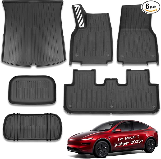 6 Pcs Liners for New Tesla Model Y Juniper Accessories 2025 2026 All Weather Floor Mats Front Frunk Rear Trunk Mats Cargo Liner TPE Anti-Slip 5-Seater