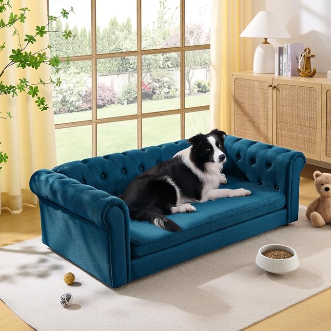 Elevated XL Large Dog Sofa with Backrest and Armrests, 55" Button Tufted Dog Couch Bed with Soft Cushion for Large Dogs, Stylish Lounging Bed Pet Couch Chair, 120Lbs Weight Capacity, Dark Blue