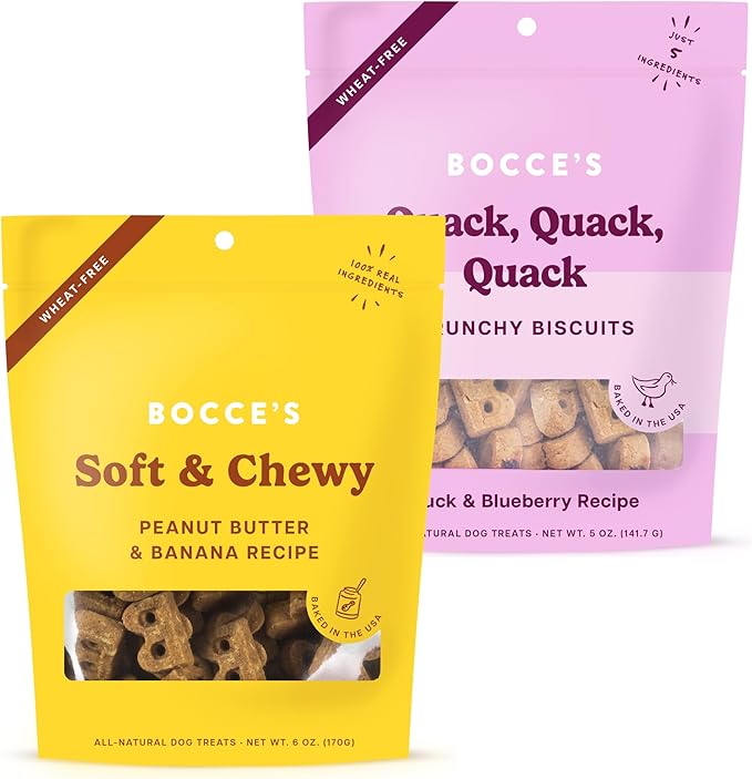 Bocce's Bakery PB & Banana Cookie + Quack Quack Quack Biscuit Dog Treat Bundle – Natural, Wheat-Free Biscuits and Soft & Chewy Cookies Made with Real Ingredients & Baked in The USA – 2 Pack Bundle