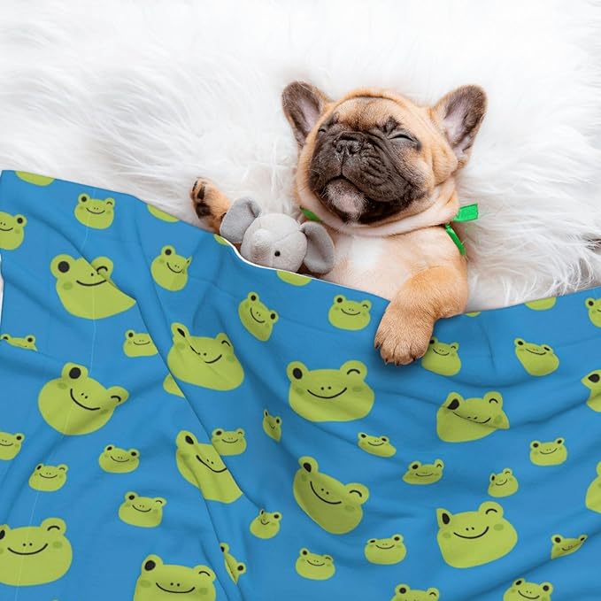 Two Sided Plush Pet Blanket for Crates Carriers Home Use, Colorful Pattern Adorable Frog Face Pattern, Reversible Throw with Cozy Dot Fabric and Silky Reverse for Small Large Pets
