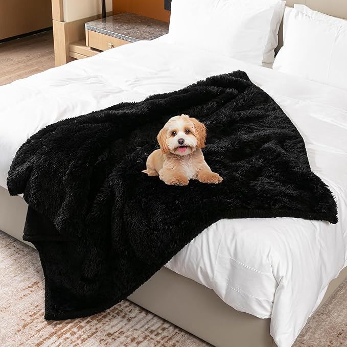 Black Pet Calming Couch Throw Blankets for Dogs Waterproof Dog Blanket Fluffy Long Faux Fur for Little Dog Cat Puppy Mat Washable(Black,XS-28 * 20in)