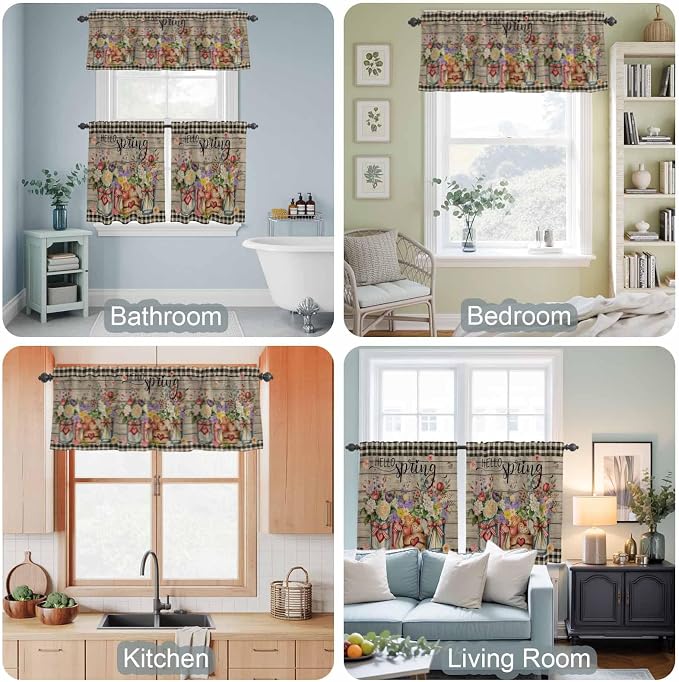 Spring Flowers Kitchen Curtain Set, Farmhouse Vintage Black Plaid Wood Grain