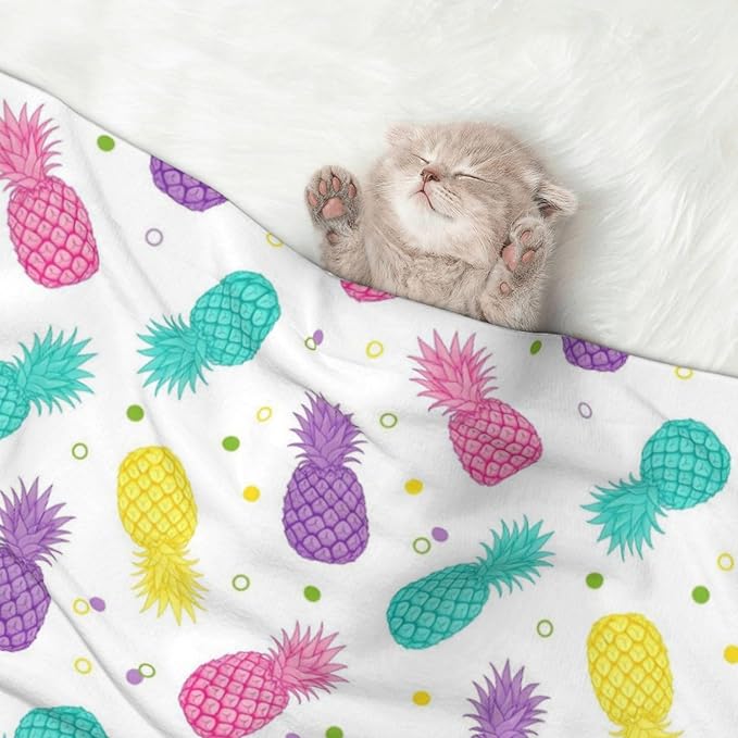Two Sided Plush Pet Blanket for Crates Carriers Home Use, Colorful Tropical Summer Pineapple Print, Reversible Throw with Cozy Dot Fabric and Silky Reverse for Small Large Pets