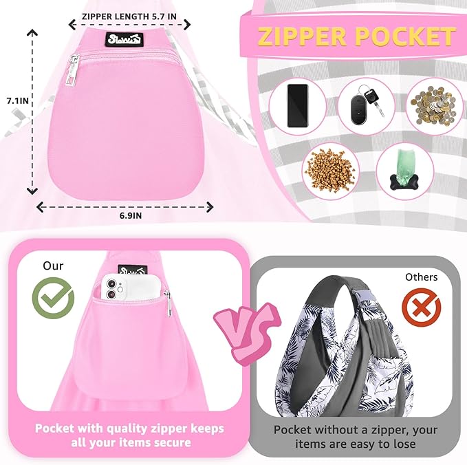 Lukovee Pet Sling, Hand Free Dog Sling Carrier Adjustable Padded Strap Tote Bag, Shoulder Bag with Safety Belt & Front Pocket for Small Dog Cat Puppy (Pink-WY,L)
