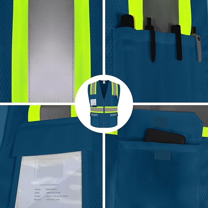 Security Vest for Security Guard, Safety Vest with Pockets, Reflective Work Wear with Zipper, High Visibility apparel, ANSI Compliant, Blue, XL