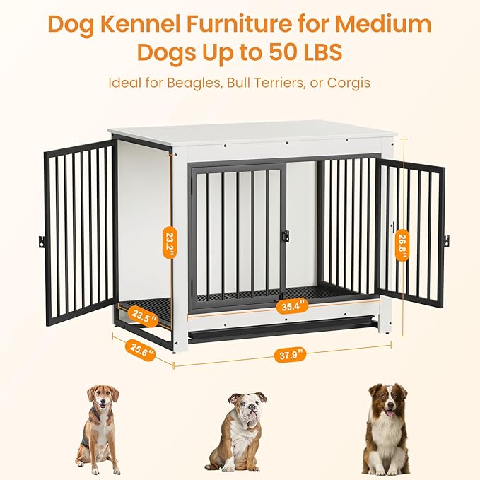Dog Crate Furniture, 38 Inch Indoor Dog Kennel for Medium Dogs Up to 50 LBS, Heavy Duty Wooden Pet Cage End Table with 3 Doors, Alloy Steel Frame & Removable Tray