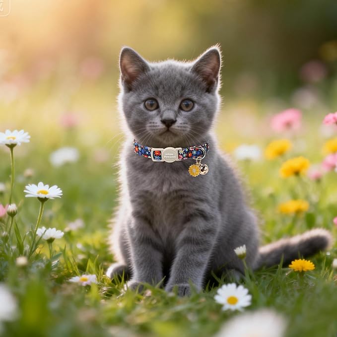 Unique Style Paws Blue Flower Cat Collar,Flower Cat Collars,Blue Kitten Collar Breakaway Buckle,Adjustable Spring Summer Puppy Collar,Ideal Gift for Boy Girl Cats