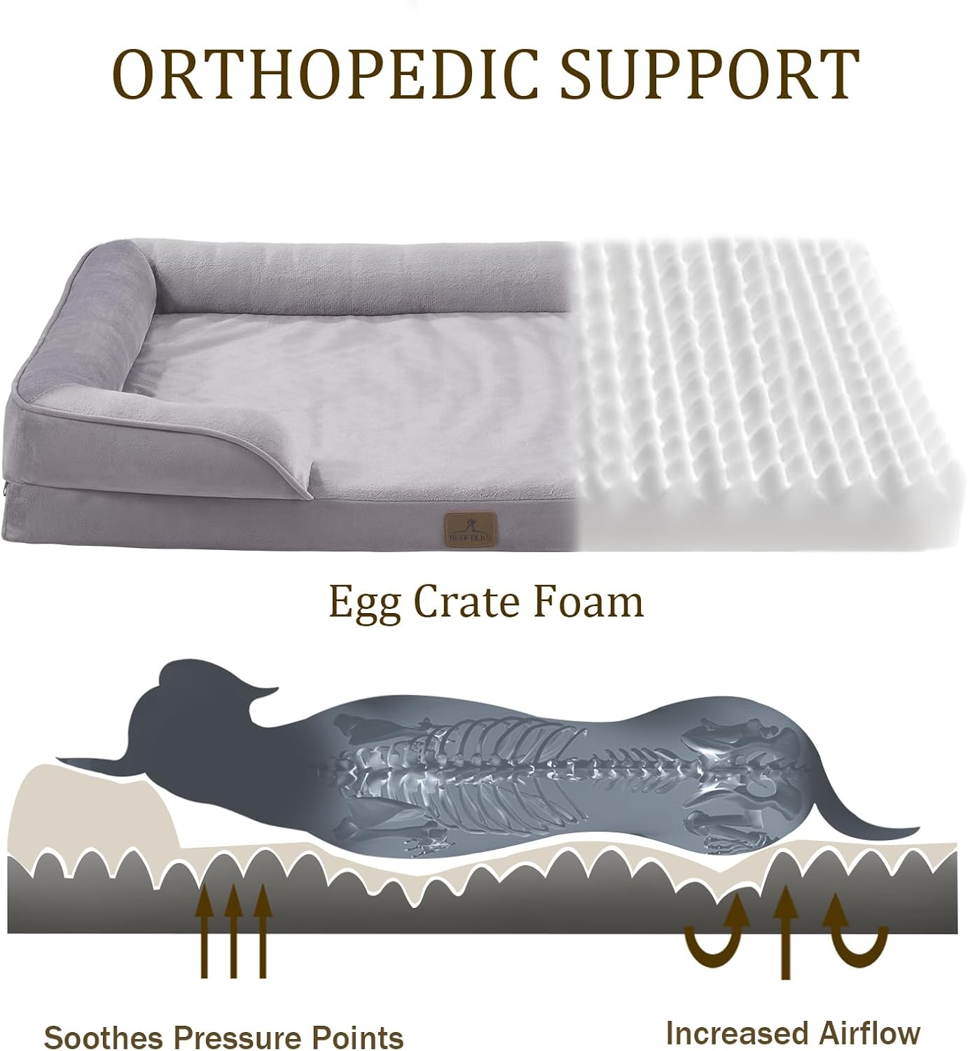Bedfolks Orthopedic Dog Bed, Waterproof Dog Sofa Bed for Medium Dogs, Egg Foam Pet Couch Bed with Removable Washable Cover and Nonslip Bottom, Light Grey
