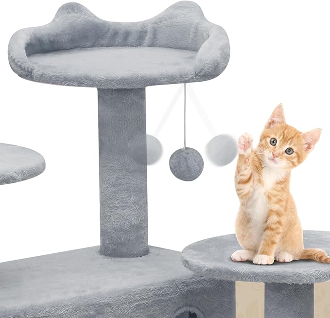 Athena Collection Cat Tree, 77 Inch Cat Tower for Indoor Cats, Multi-Level Cat Tree Tower Activity Center with 2 Cat Condo & Cat Scratching Post & Dangling Ball, Tall Cat Tree, Light Gray