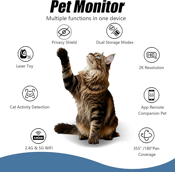 Pet Camera, 2K HD Indoor Dog and Cat Camera with Auto-Tracking & Laser Toy, Home Security Camera with Motion Detection, 2-Way Audio, Night Vision, No Subscription Required（64GB SD Card）