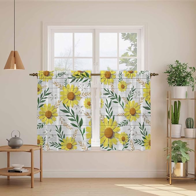 Yellow Daisy Tier Curtains, Farmhouse Country Flower Leaf Plant Wood Grain