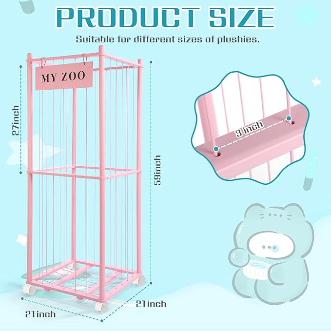 Stuffed Animal Storage Zoo with Wheels, Wooden Stuffed Animal Organizer with Elastic Cords, Space Saving Toy Plushies Storage Holder for Playroom, Bedroom, Living Room(Pink, Large)