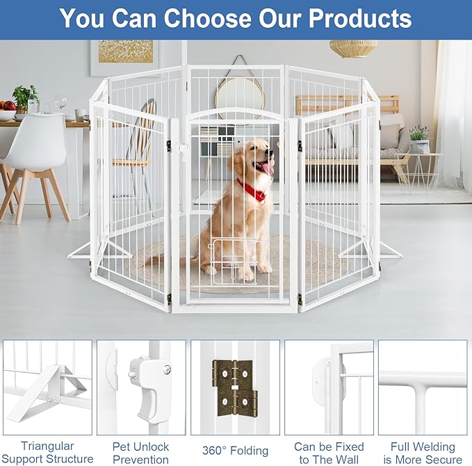 Metal Freestanding Dog Gate with Cat Door for Indoor/Outdoor,160" Extra Wide Foldable Pet Gate,32" Tall Foldable Indoor Dog Fence for Large Openings Stairs,Deck,Yard,Doorways(8 Panels,White)