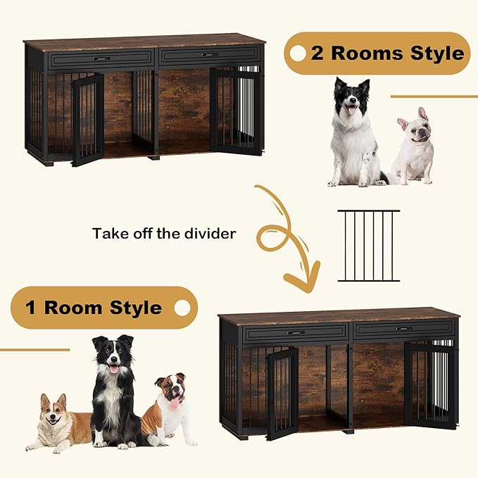 Furniture Style Dog Crate, 64.6 Inch Wooden Large Dog Kennel with Drawers & Divider, Indoor Dog House Furniture with Double Rooms for Medium Small Breeds, Brown+Black