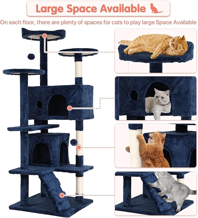 54in Cat Tree Cat Climbing Tower with Scratching Post, Cats House Perch Kitten Tree Condo Wood Playhouse, Pet Trees Tower for Indoor Cats, Navy Blue