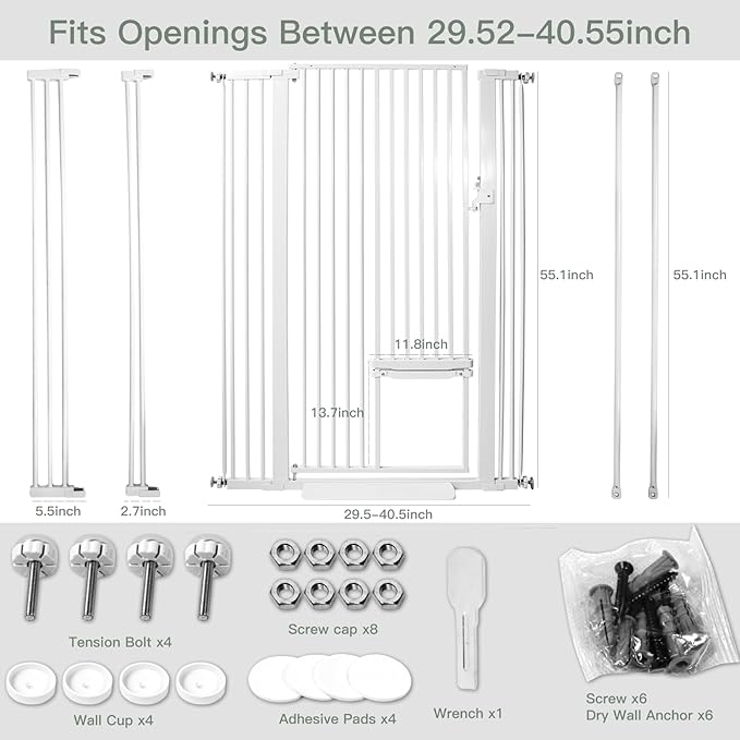 55 Inch Extra Tall Pet Gate with Small Cat Door, 29.55"-40.55" Adjustable Wide Dog Gate, Tall Cats Gates for Doorway, Stairs, House(White)