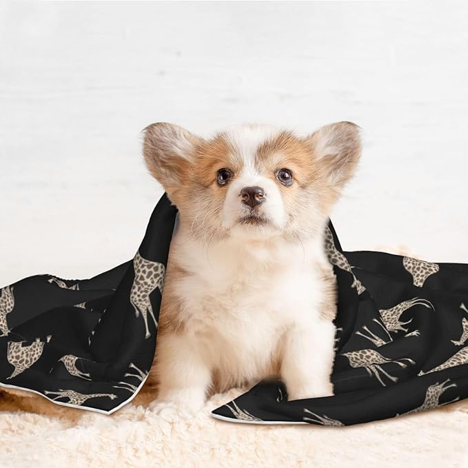 Two Sided Plush Pet Blanket for Crates Carriers Home Use, Giraffe Leopard Print On Black, Reversible Throw with Cozy Dot Fabric and Silky Reverse for Small Large Pets