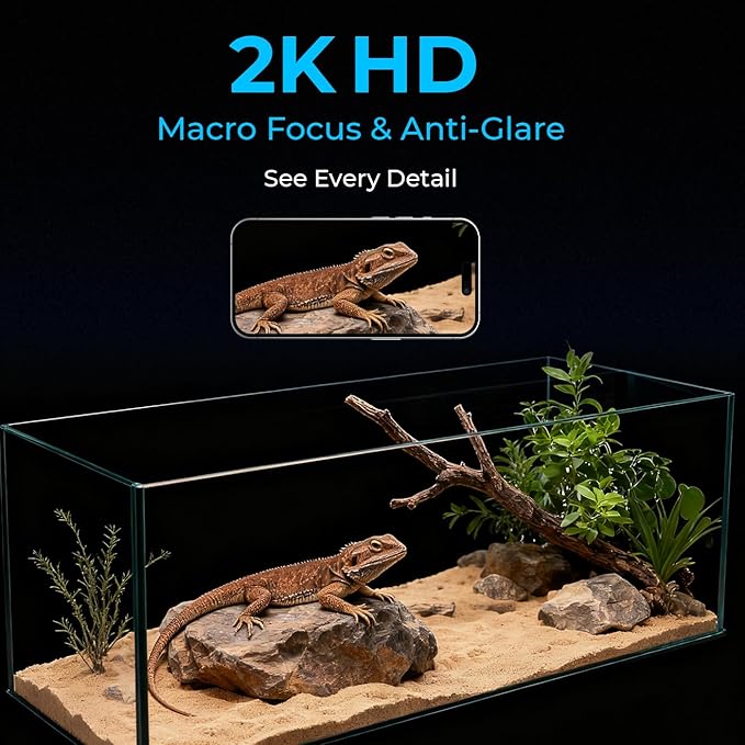 2K HD Reptile Tank WiFi Camera, 140° Wide-Angle Night Vision for Bearded Dragon, Gecko, Chameleon & Exotic Lizards, Anti-Glare Glass Mount, Two-Way Audio, AI Motion Alerts, 24/7 Recording