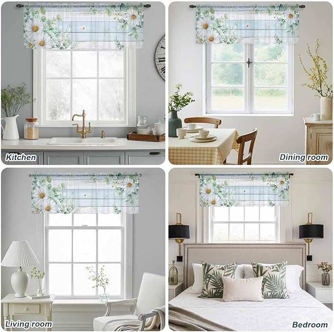 Daisy Eucalyptus Leaves Sheer Valance Curtains