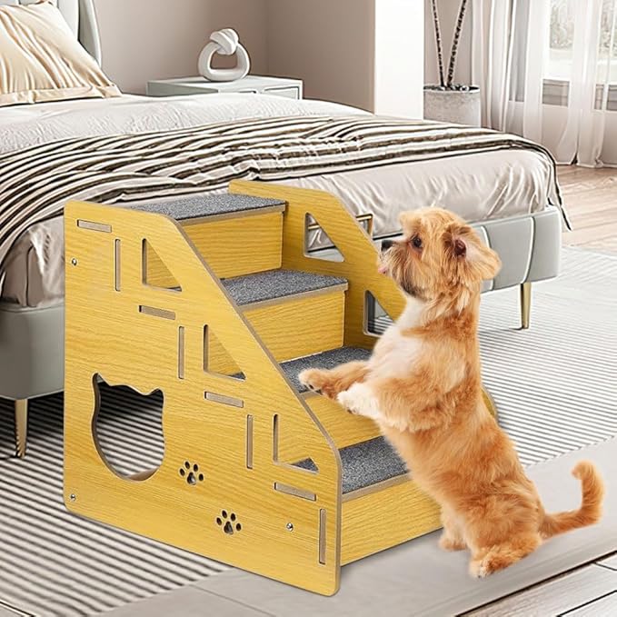 4-Step Wooden Pet Stairs Nonslip Carpeted Indoor Pet Steps Wooden Pet Ladder Pet Furniture for Dogs and Cats for Bed