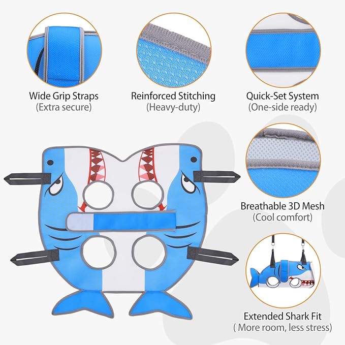 Dog Grooming Hammock for Small Dogs Cats, Cute Shark Design Dog Hanging Harness for Nail Trimming/Clipping, Pet Sling with Grooming Kit and Thick Neck Support & Strap Restraint Claw Care, S