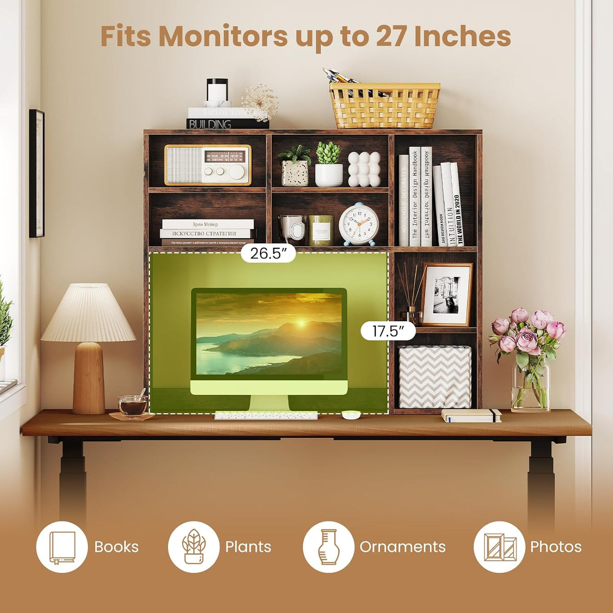 MAT EXPERT Wooden Desktop Bookshelf, Countertop Desk Hutch w/ 7 Cubes & Adjustable Shelves, Anti-toppling Kits, Table Top Organizer Shelf Fits Monitors up to 27” for Dorm, Office, Study (Rustic Brown)