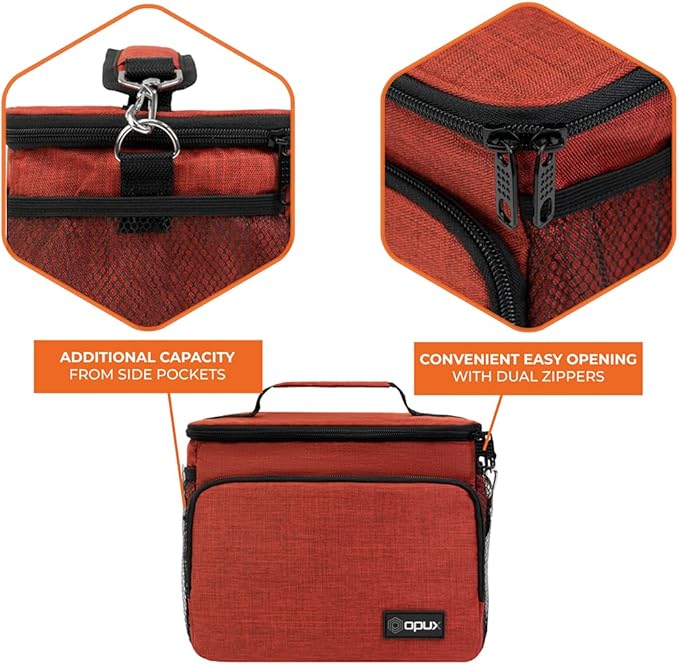 opux Insulated Lunch Bag for Men Women, Soft Lunch Box for Office Work School Picnic, Leakproof Lunch Cooler Bag with Shoulder Strap for Kid Adult Boy Girl, Medium Lunchbox Lunch Tote (Heather Red)