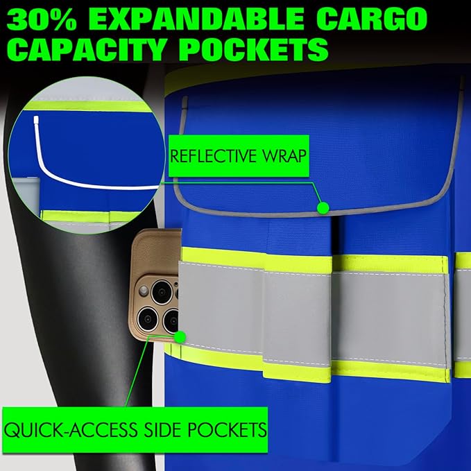 BeautyWill Custom Logo Safety Vest 8 Pockets Class2 ANSI Certified High Visibility Reflective Vest for Men - Personalized Logo Heavy-Duty Work Vest（Blue，XL）