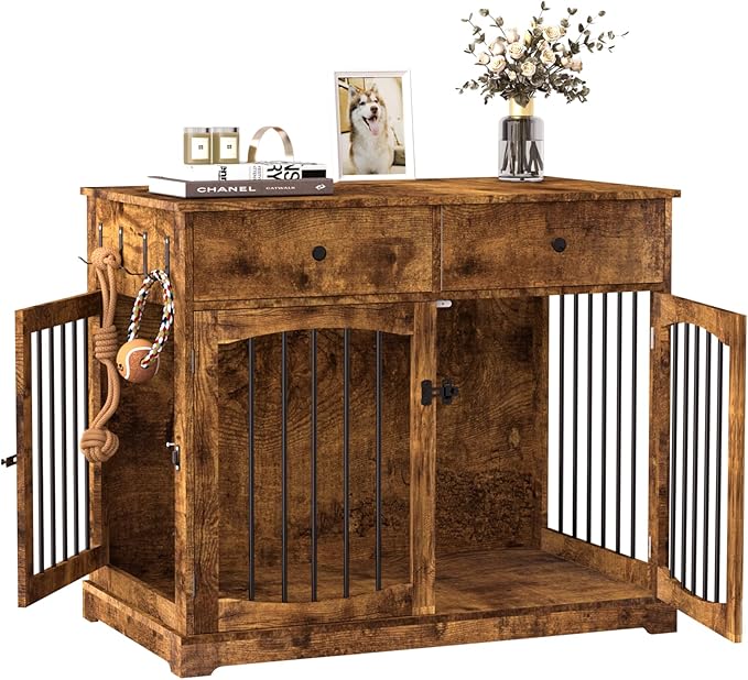 BREEZEHEAT 40 inch Dog Crate Furniture-Farmhouse Dog Kennel with Drawers-End Table Wooden Pet Crate, Double Door Design, Decorative Dog House Indoor for Small Medium Large Dog,Rustic Brwon