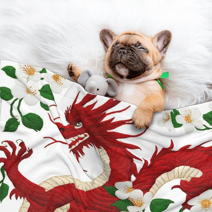 Two Sided Pet Cuddler Blanket for Anxiety Calming, Floral Chinese Japanese Dragon Flower, Reversible Plush Design with Bubble Dot Pattern Provides Familiar Surface Anywhere