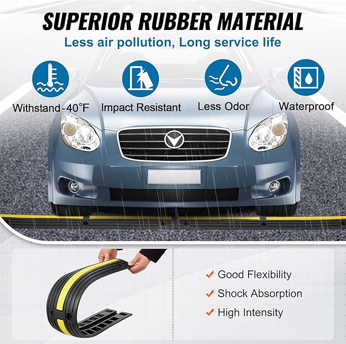 VEVOR 3.28 ft Cable Protector Ramp, 4 Pack of 1 Channel, 18000 lbs/axle Capacity Heavy Duty Rubber Speed Bumps, Floor Cord Cable Protector Wire Cover, for Residential Areas, Private Garages, Gardens