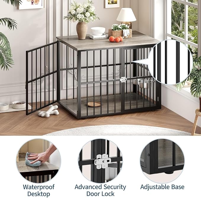 43 Inch Wooden Indoor Dog Crate Side Table, Furniture-Style Dog Kennel with Double Door Entry and Adjustable Built-in Food Bowls, Heavy-Duty Decorative Pet Cage for Medium and Large Dogs