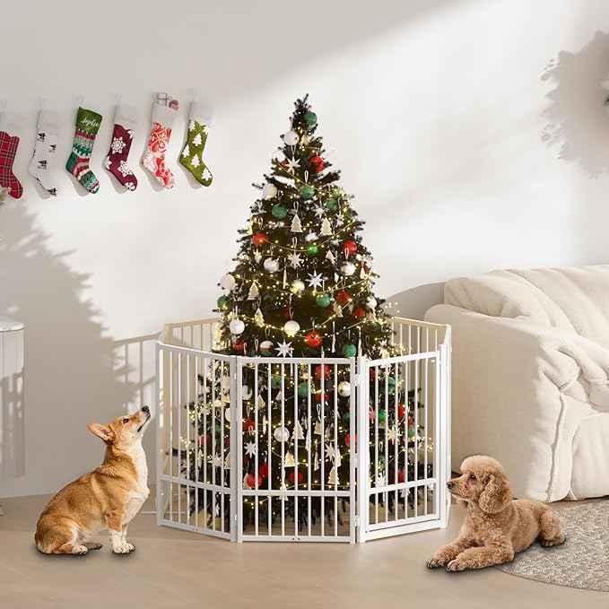 Full Metal Freestanding Dog Gate with Door, 32''Height Foldable Pet Dog Fence for Indoor & Outdoor, 8 Panels Extra Wide Free Standing TallDog Gates for Doorways,House,Stairs,Porch,Deck,Yard