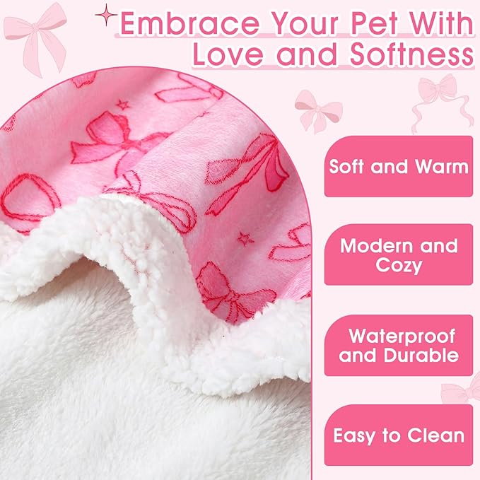 Tegeme Pink Bow Waterproof Small Dog Blanket, 40"x28" Reversible Soft Plush Pet Blanket for Couch Sofa Protection, Pee Proof Cat Dog Throw for Small/Medium Breeds