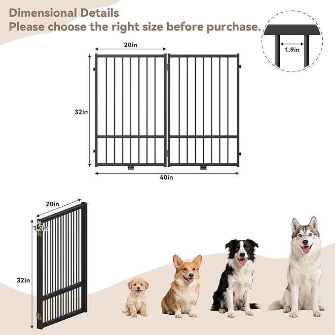 Full Metal Freestanding Dog Gate with Door, 32''Height Foldable Pet Dog Fence for Indoor & Outdoor, 2 Panels Extra Wide Free Standing TallDog Gates for Doorways,House,Stairs,Porch,Deck,Yard