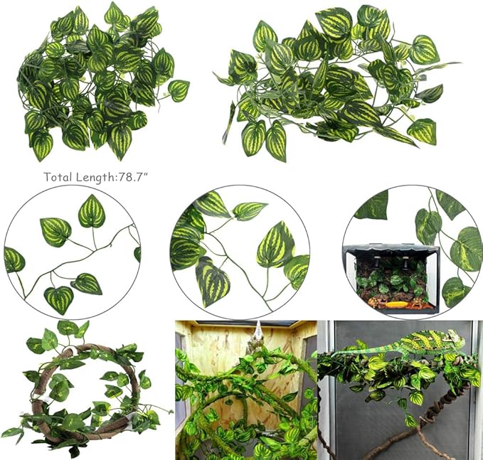 Hamiledyi Bearded Dragon Tank Accessories Lizard Hammock Climbing Jungle Vines Adjustable Leash Bat Wings Flexible Reptile Leaves with Suction Cups Reptile Habitat Decor for Gecko,Snakes,Chameleon