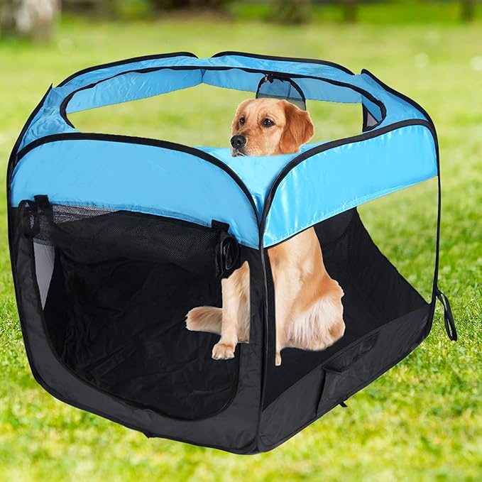 Portable Pet Playpen for Dogs and Cats,Pop Up Playpen for Small Middle Dogs Cats Pet Tent Playground,Indoor Outdoor,37x37x24,Blue/Black,1Pack