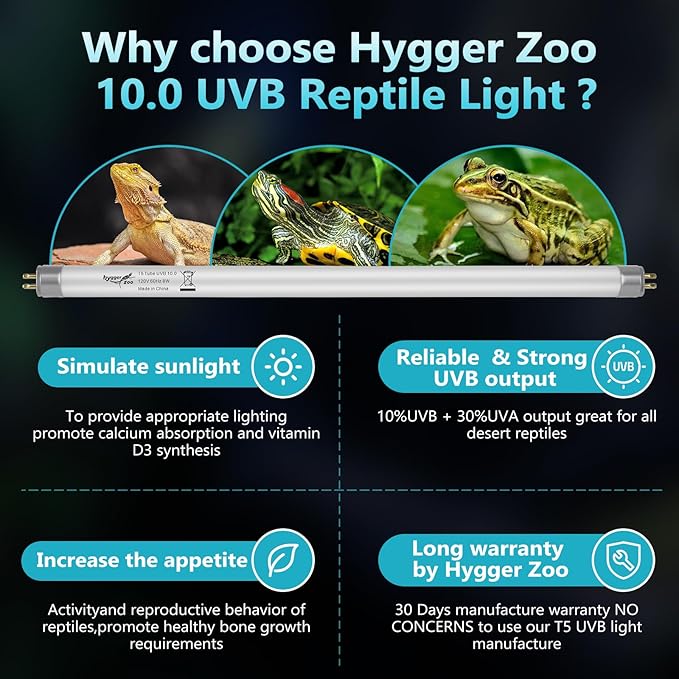 T5 UVB Reptile Light 24W 10.0 + UVA Light Bulb for Reptiles, 3-Pack Lamp Tube for Bearded Dragon, Desert-Grade Reptile UVB lamp Fixture